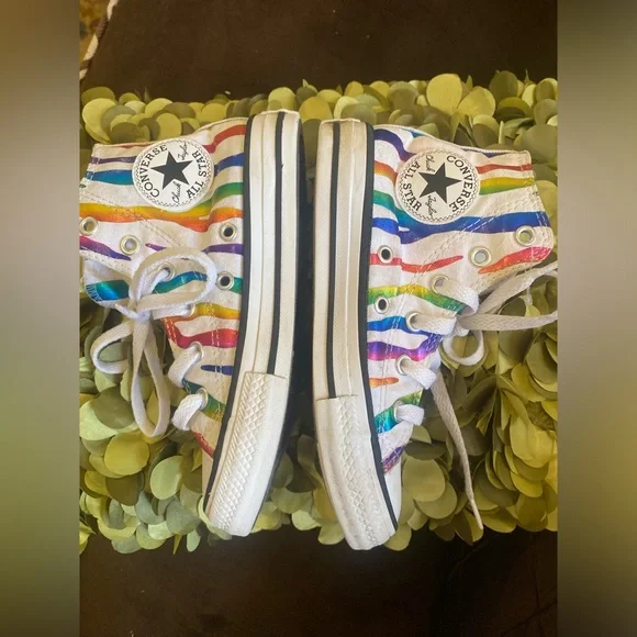 🌸 Converse White Rainbow Zebra Stripes High Tops Kids 12 - Super Cute! - Picture 2 of 6